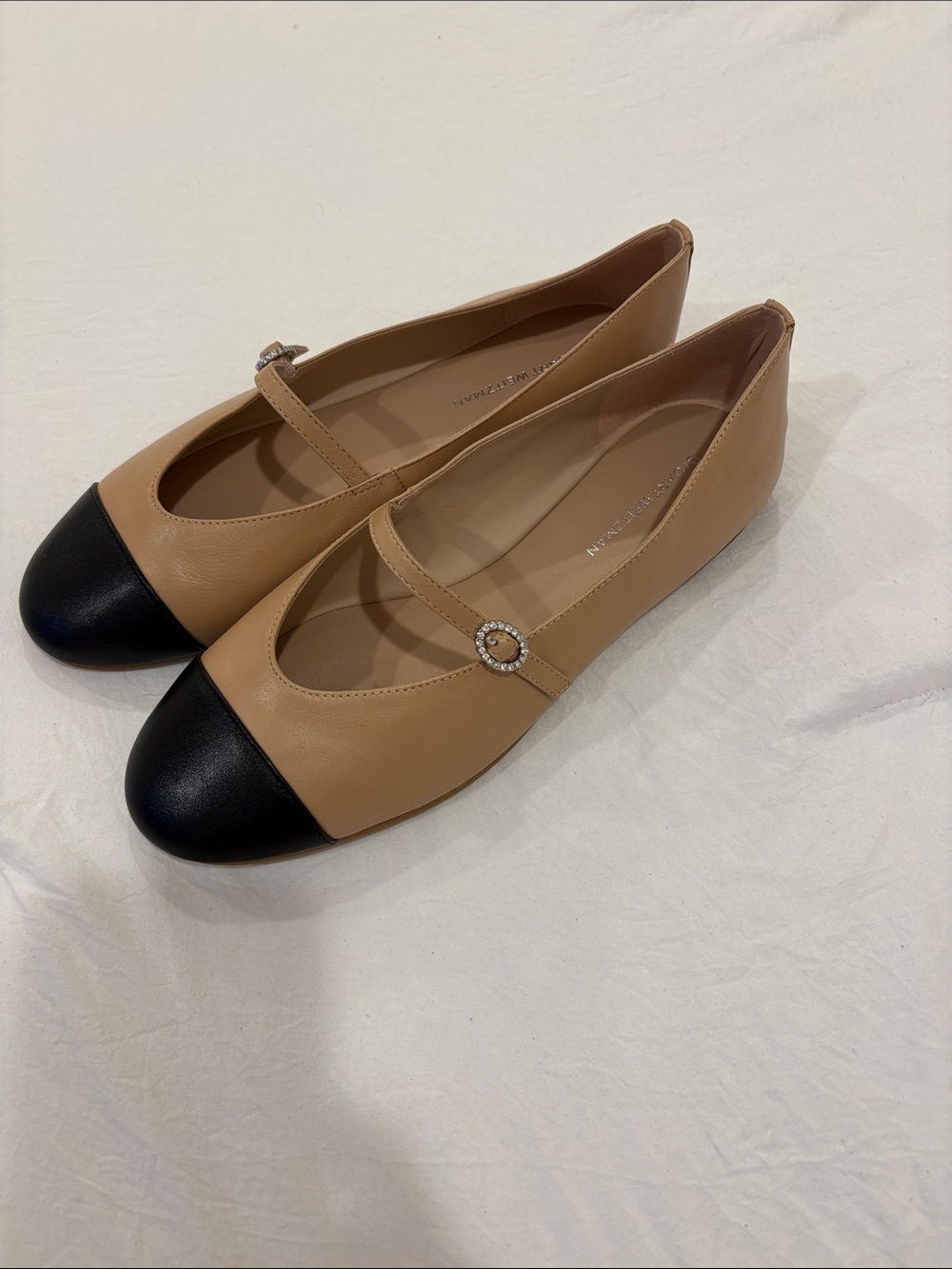 Stuart Weitzman Tan and Black Mary Jane Flats with Rhinestone Buckle